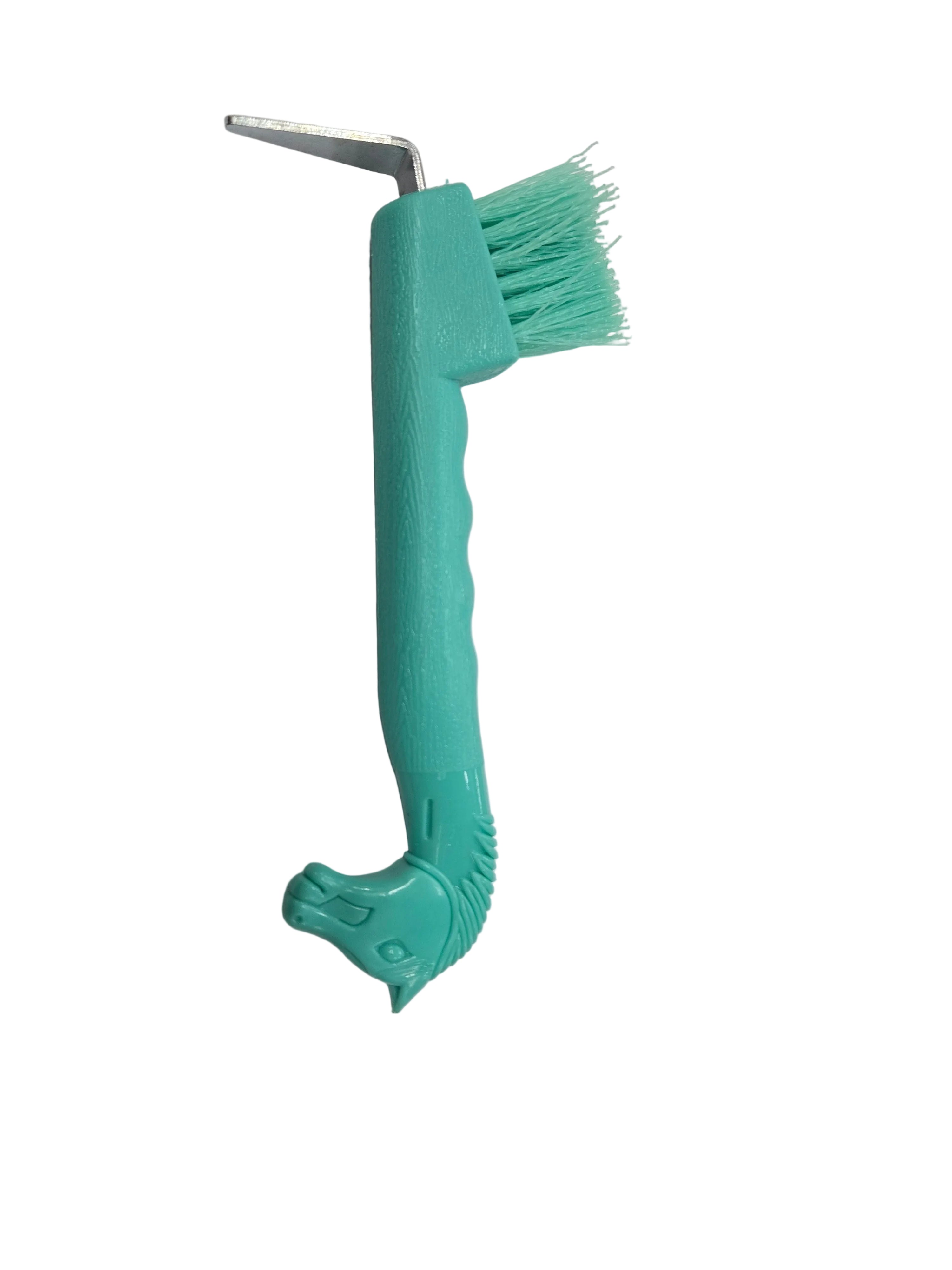 Teal brush with a horse head design on a white sheet of paper.